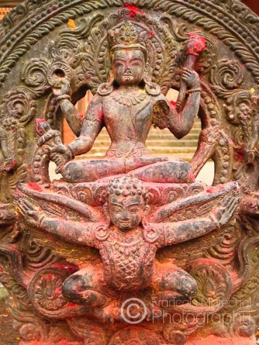 Vishnu, the supreme god of Hinduism, is often depicted flying on Garuda, a bird-like creature who is the vahana (or vehicle) of the god.