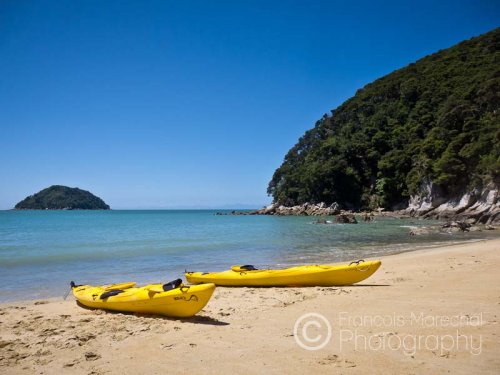 Kayaking the pristine coastal waters of the Abel Tasman National Park is a popular vacation activity on the South Island of New Zealand.