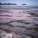 Pools of water in flat Sandy Bay reflect the sky twilight colors.