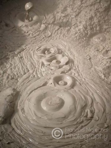 A mudpot consists of a pool of usually bubbling mud. They form in high-temperature geothermal areas where water is in short supply. The mud pools found in Waiotapu are the remnants of a large mud volcano which was destroyed through erosion in the 1920?s.